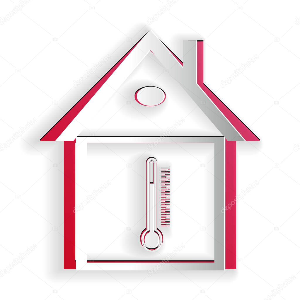 Paper cut House temperature icon isolated on white background. Thermometer icon. Paper art style. Vector.