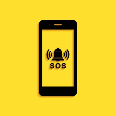 Siyah SOS çağrı simgesi sarı arkaplanda izole edildi. 911, acil durum, yardım, uyarı, alarm. Uzun gölge tarzı. Vektör.