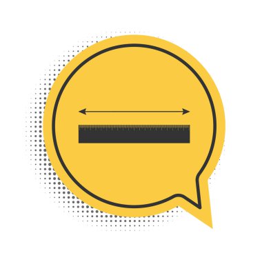 Siyah, boy ve uzunluk simgesi beyaz arkaplanda izole edilmiş. Cetvel, düzlük, ölçek sembolü. Sarı konuşma balonu sembolü. Vektör.