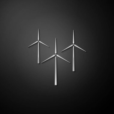 Gümüş Rüzgâr türbini simgesi siyah arkaplanda izole edildi. Rüzgar jeneratörü işareti. Yel değirmeni silueti. Elektrik üretimi için yel değirmenleri. Uzun gölge tarzı. Vektör.