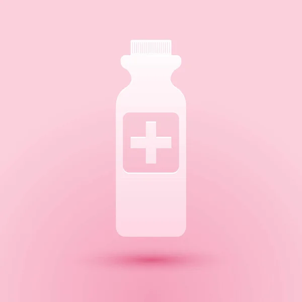 Papír Vágott Gyógyszer Palack Ikon Izolált Rózsaszín Alapon Üvegpirula Jel — Stock Vector