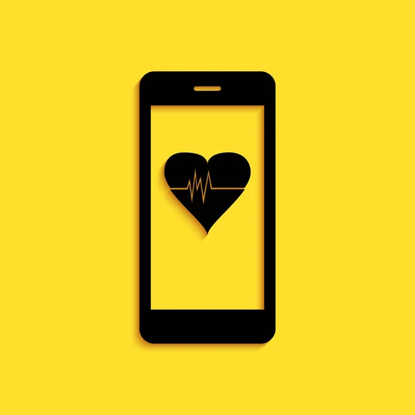 Μαύρο Smartphone Εικονίδιο Λειτουργία Παρακολούθησης Καρδιακού Ρυθμού Απομονώνονται Κίτρινο Φόντο — Διανυσματικό Αρχείο