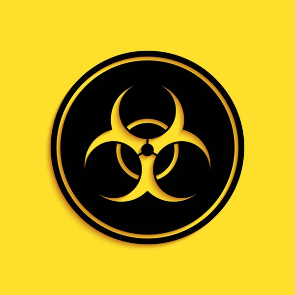 Icona Simbolo Black Biohazard Isolata Sfondo Giallo Lungo Stile Ombra — Vettoriale Stock