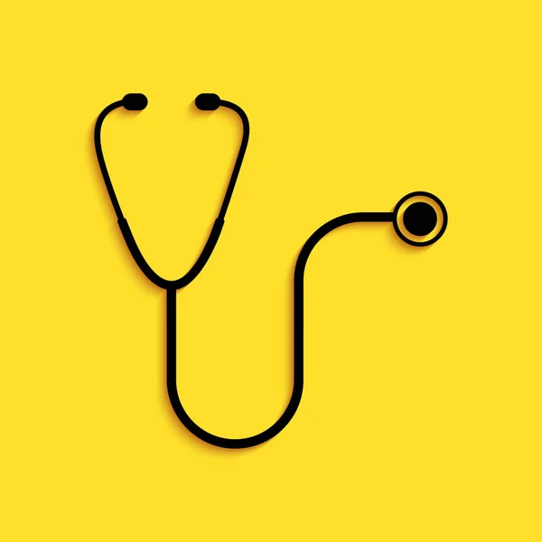 Black Stethoscope Medical Instrument Icon Isolated Yellow Background Long Shadow — Stock Vector