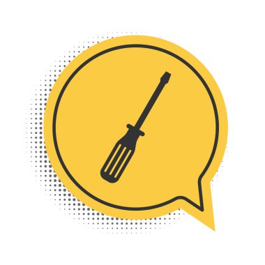 Beyaz arkaplanda siyah tornavida simgesi izole edildi. Sarı konuşma balonu sembolü. Vektör.