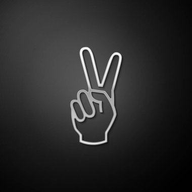 Gümüş El siyah arkaplanda izole edilmiş iki parmak ikonu gösteriyor. Zafer el işareti. Uzun gölge tarzı. Vektör.