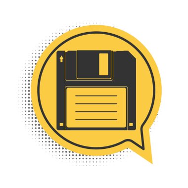 Bilgisayar veri depolama simgesi için siyah disket beyaz arkaplanda izole edildi. Disket işareti. Sarı konuşma balonu sembolü. Vektör.