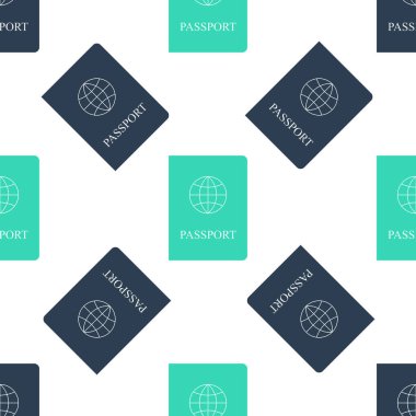 Biyometrik veri simgesine sahip yeşil pasaport beyaz arka planda izole edilmiş kusursuz desen. Kimlik Belgesi. Vektör.