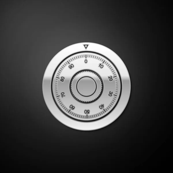 Gümüş kasa kombinasyonu kilit tekeri simgesi siyah arka planda izole edildi. Koruma konsepti. Şifre işareti. Uzun gölge tarzı. Vektör.