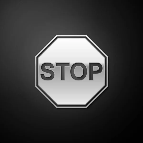 Silver Stop Jel Ikon Elszigetelt Fekete Háttérrel Forgalomirányítási Figyelmeztetés Stop — Stock Vector
