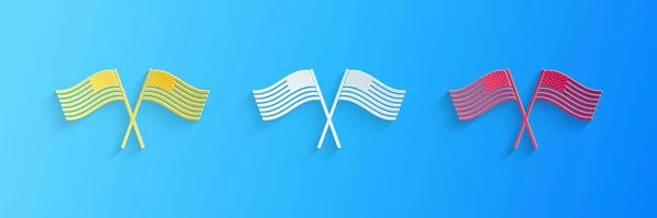 Papier Gesneden Twee Gekruiste Amerikaanse Zwaaien Vlaggen Pictogram Geïsoleerd Blauwe — Stockvector