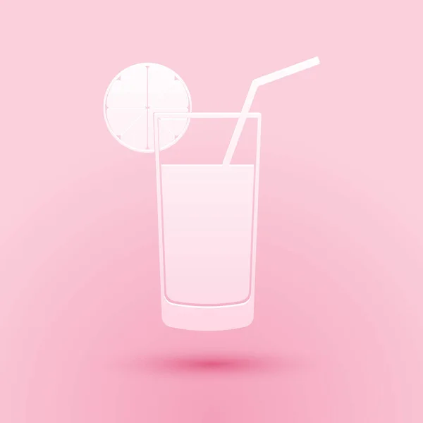 Paper Cut Glass Juice Icon Isolated Pink Background Orange Slice - Stok Vektor