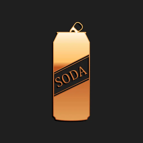 Gold Soda Blikje Pictogram Geïsoleerd Zwarte Achtergrond Lange Schaduw Stijl — Stockvector