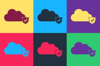Pop Art Cloud ve SHIELD renk arkaplanında işaretli simge izole edildi. Bulut depolama veri koruması. Güvenlik, güvenlik, koruma, mahremiyet. Vektör.