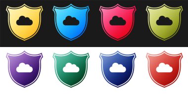 Bulut ve kalkan simgesini siyah ve beyaz arkaplanda izole et. Bulut depolama veri koruması. Güvenlik, güvenlik, koruma, gizlilik kavramı. Vektör.