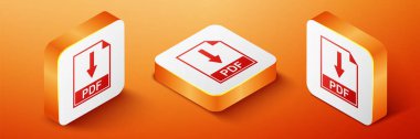 Isometric PDF dosya simgesi turuncu arkaplanda izole edildi. PDF düğme işareti indir. Turuncu kare düğme. Vektör.