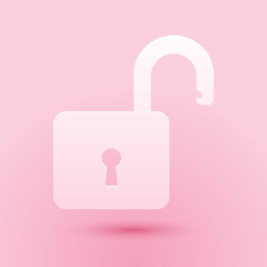 Kağıt kesiği Açık asma kilit simgesi pembe arka planda izole edildi. Kilit açık işareti. Siber güvenlik kavramı. Dijital veri koruması. Güvenlik kilidi. Kağıt sanatı tarzı. Vektör.