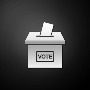Siyah arka planda izole edilmiş zarflı oy sandığı ya da oy sandığı. Uzun gölge tarzı. Vektör.