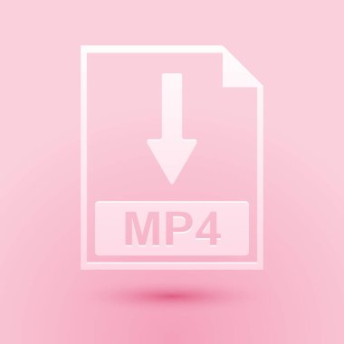 Kağıt kesiği MP4 dosya belgesi simgesi. MP4 düğme simgesi pembe arkaplanda izole edildi. Kağıt sanatı tarzı. Vektör.