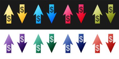 Dolar sembollü okları siyah beyaz arka planda izole et. İş konsepti. Vektör.