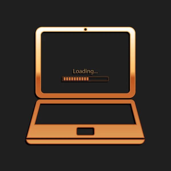 Złoto Laptop Proces Aktualizacji Ikoną Paska Ładowania Izolowane Czarnym Tle — Wektor stockowy
