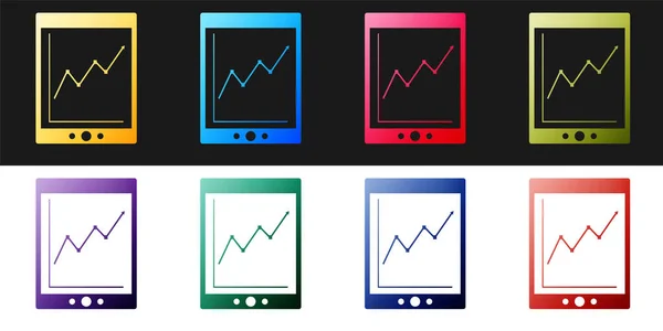 Állítsa Tablet Statisztikai Grafikon Ikon Elszigetelt Fekete Fehér Alapon Pénzügyi — Stock Vector