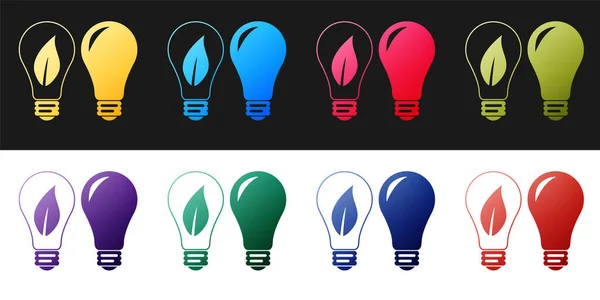 Set Classic Lamp Light Bulb Leaf Icon Isolated Black White — Stock Vector