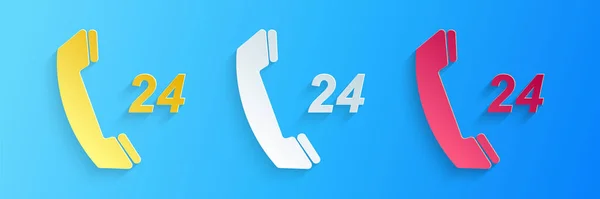 剪纸电话24小时支持图标隔离蓝色背景 全天客户支持呼叫中心 造纸艺术风格 — 图库矢量图片