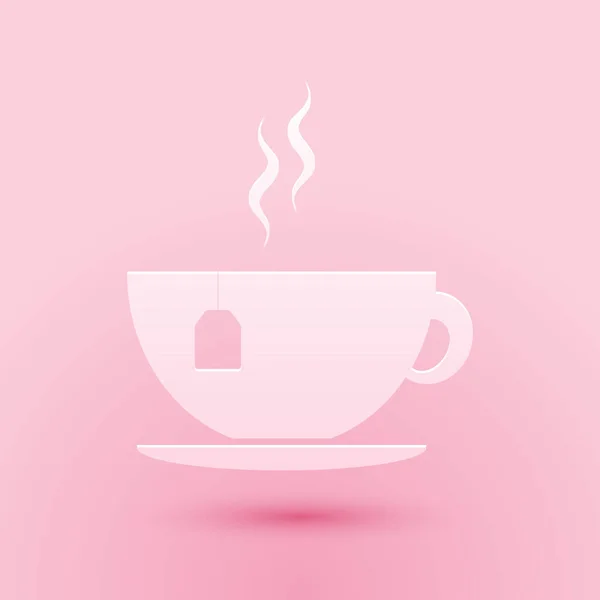 Чашка Іконою Чайних Пакетів Ізольована Рожевому Фоні Паперовий Стиль Вектор — стоковий вектор
