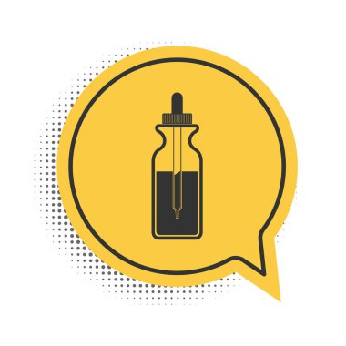 Pipetli, siyah cam bir şişe. İçinde pipet olan bir şişe ve beyaz arka planda izole edilmiş bir kapak simgesi. Tıbbi ve kozmetik ürünler için konteynır. Sarı konuşma balonu sembolü. Vektör.