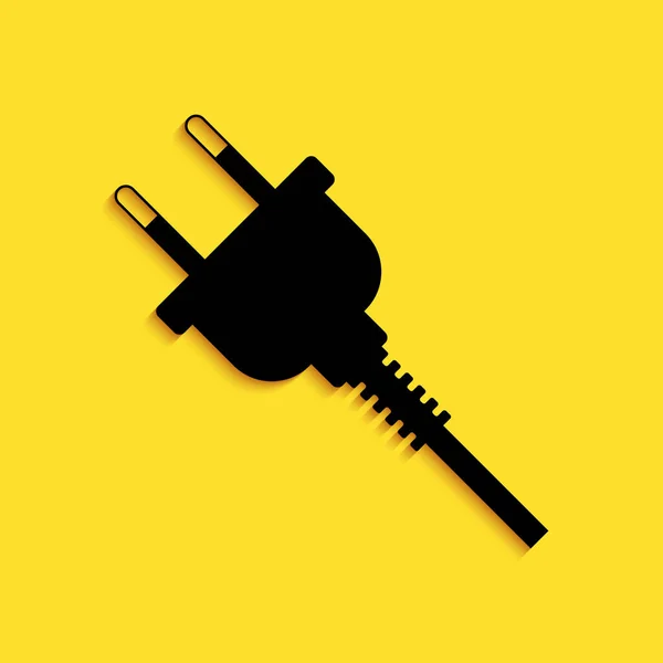 黑色电源插头图标隔离在黄色背景上 电的连接和断电的概念 长影子风格 — 图库矢量图片
