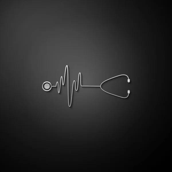 黒の背景にハートビートアイコンが隔離されたシルバーの聴診器 医学的概念 パルスケアシンボル 長い影のスタイル ベクトル — ストックベクタ