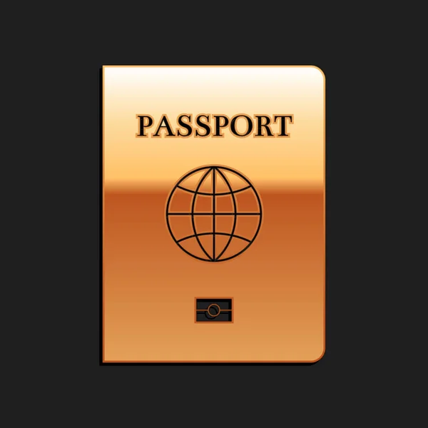 Pasaporte Dorado Con Icono Datos Biométricos Aislado Sobre Fondo Negro — Vector de stock