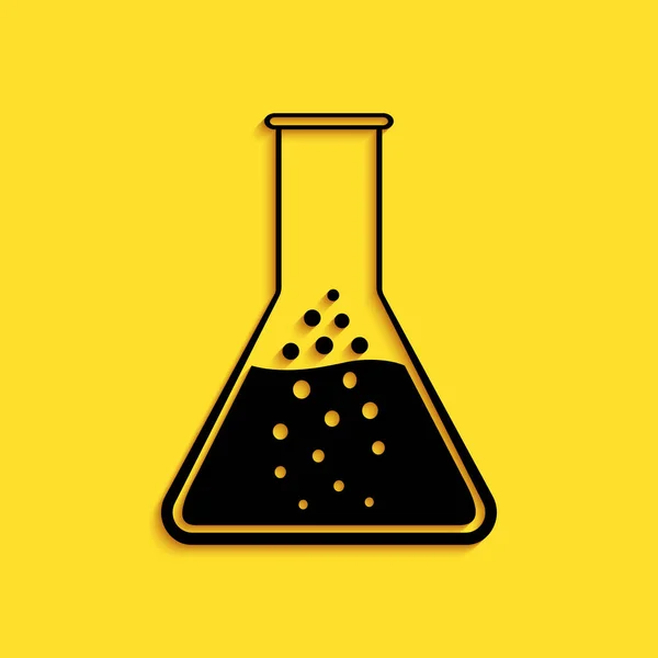 黑色试管和烧瓶化学实验室测试图标隔离在黄色背景下 长影子风格 — 图库矢量图片
