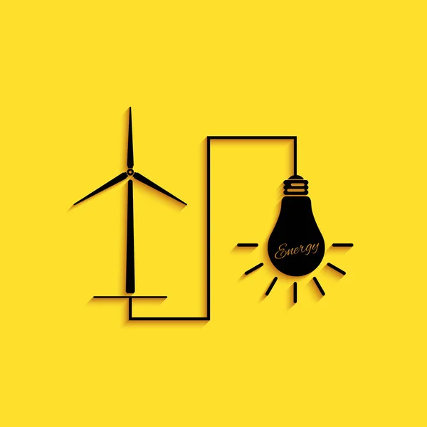 Černá Větrná Turbína Vyrábějící Energii Žárovky Ikona Izolované Žlutém Pozadí — Stockový vektor