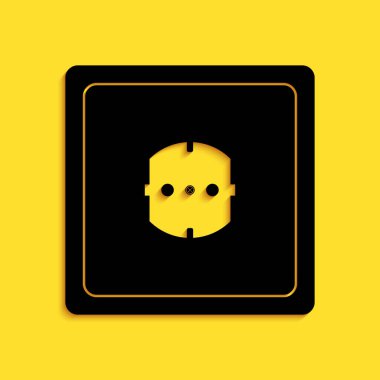 Sarı arkaplanda siyah elektrik çıkış simgesi izole edildi. Elektrik prizi. Rosette sembolü. Uzun gölge tarzı. Vektör.