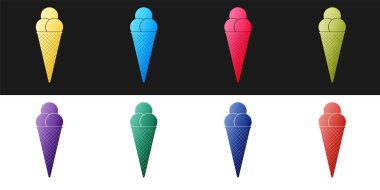 Dondurmayı siyah ve beyaz arkaplanda izole edilmiş waffle külahına yerleştir. Vektör.