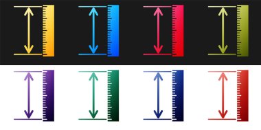 Siyah ve beyaz arkaplanda izole edilmiş boy ve uzunluk simgesini ayarla. Cetvel, düzlük, ölçek sembolü. Geometrik aletler. Vektör.