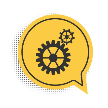 Siyah Dişli simgesi beyaz arkaplanda izole edildi. Çarklı teçhizat ayarları. İşçi sembolü. Sarı konuşma balonu sembolü. Vektör.