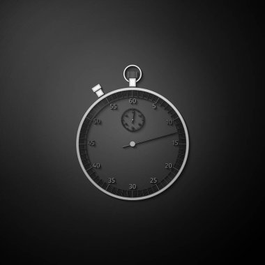 Siyah arka planda izole edilmiş Gümüş Klasik kronometre simgesi. Zamanlayıcı simgesi. Kronometre işareti. Uzun gölge tarzı. Vektör.
