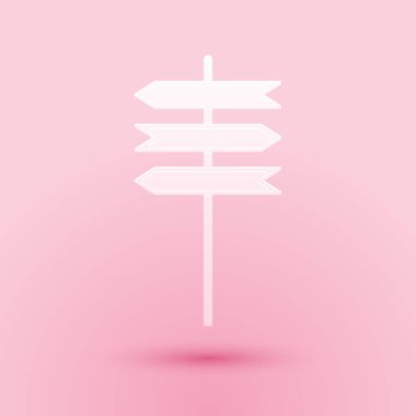 Kağıt kesiği trafik levhası. Pembe arkaplanda izole edilmiş işaret simgesi. İşaretçi sembolü. İzole sokak bilgi levhası. Yön tabelası. Kağıt sanatı tarzı. Vektör.