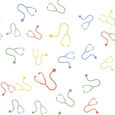 Renkli steteskop tıbbi alet ikonu beyaz arka planda izole edilmiş kusursuz desen. Vektör.