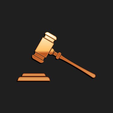 Altın Yargıç Tokmak simgesi siyah arkaplanda izole edildi. Gavel ceza ve yasa tasarıları için, mahkeme, adalet, duruşuyla. Açık arttırma çekici. Uzun gölge tarzı. Vektör.