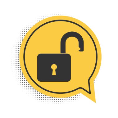 Siyah Açık asma kilit simgesi beyaz arkaplanda izole edildi. Kilit açık işareti. Siber güvenlik kavramı. Dijital veri koruması. Güvenlik kilidi. Sarı konuşma balonu sembolü. Vektör.