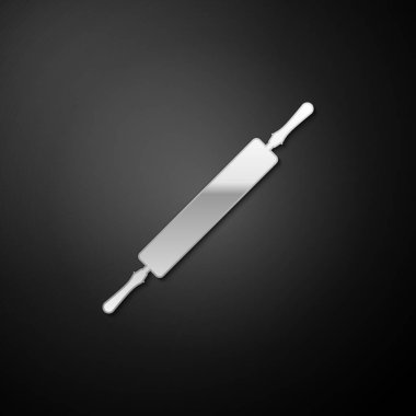 Siyah arka planda gümüş yuvarlak pin simgesi izole edildi. Uzun gölge tarzı. Vektör.