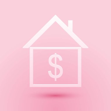 Kağıt kesiği, pembe arka planda dolar simgesi olan bir ev. Ev ve para. Emlak konsepti. Kağıt sanatı tarzı. Vektör.