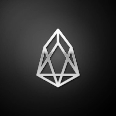 Siyah arkaplanda gümüş kripto para EOS simgesi izole edildi. Madeni para. Dijital para birimi. Engelleme zinciri tabanlı şifreli para birimi. Uzun gölge tarzı. Vektör.