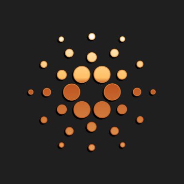 Siyah arka planda izole edilmiş altın kripto para Cardano ADA simgesi. Dijital para birimi. Altcoin sembolü. Engelleme zinciri tabanlı şifreli para birimi. Uzun gölge tarzı. Vektör.