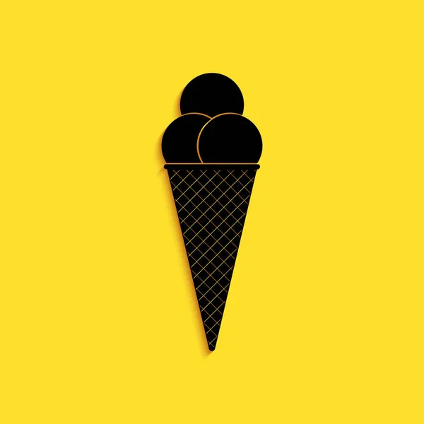 Černá Zmrzlina Vaflovacím Kuželu Ikona Izolované Žlutém Pozadí Dlouhý Stínový — Stockový vektor