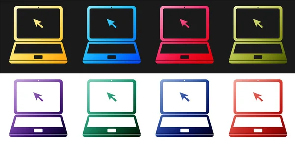 Ställ Laptop Med Markören Ikon Isolerad Svart Och Vit Bakgrund — Stock vektor
